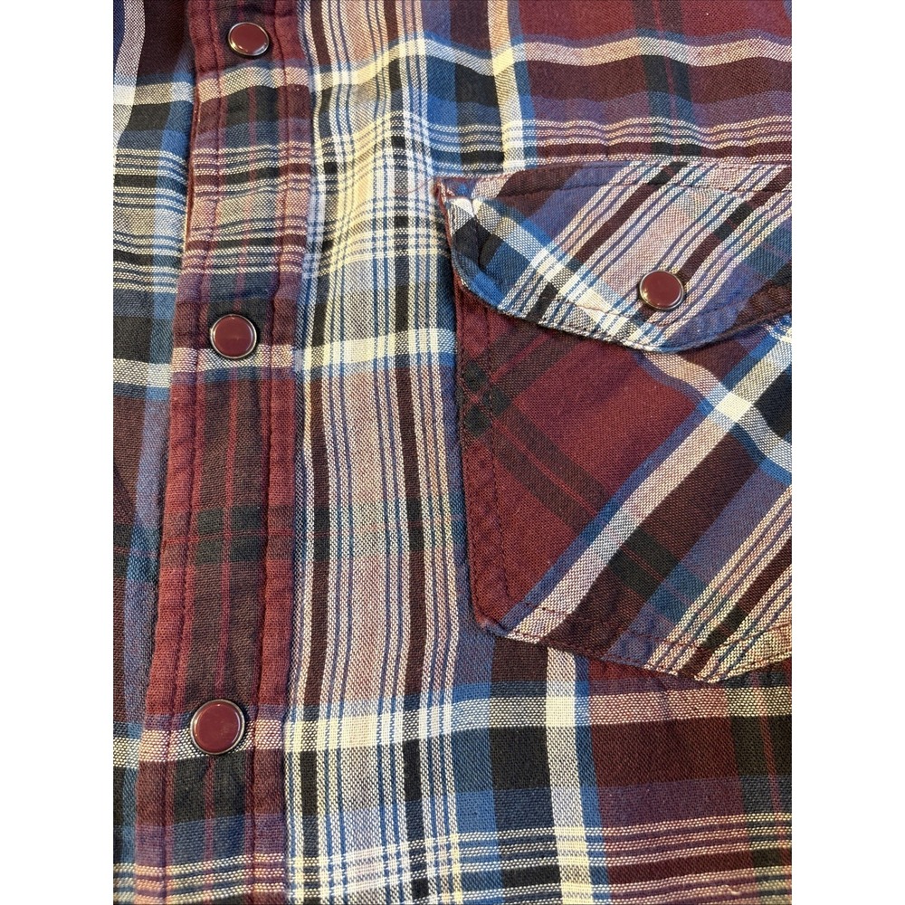Vintage GUESS Western Plaid Maroon‎ Pearl Snap Rancher Ticking Lined Men's XL - Picture 6 of 7